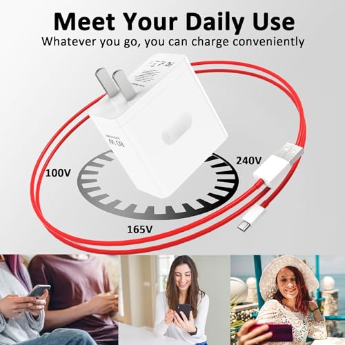 Image of Original 80W Supervooc /Wrap USB Type C Charger Adaptor Set with 3ft USB C Cable Compatible with One Plus 12R /12 /11 /11R /10 Pro /10R /10T /9R /9Pro /9Rt /8T /7 /6, Nord Ce4 /Ce3 /Ce2 /Ce 3 Lite 5G, White
