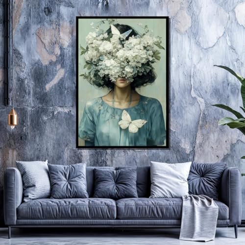 Cuadro de mujer con cabeza floreciente que inspira paz en el dormitorio 3