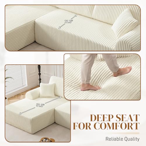 Image of 110 inch L Shaped Boneless Sectional Couches for Living Room, Comfy Corduroy Floor Cloud Sofa with Chaise, Wide Armrest, Deep Seat, Memory Foam, Assembly Free, Ideal for Small Spaces, Beige