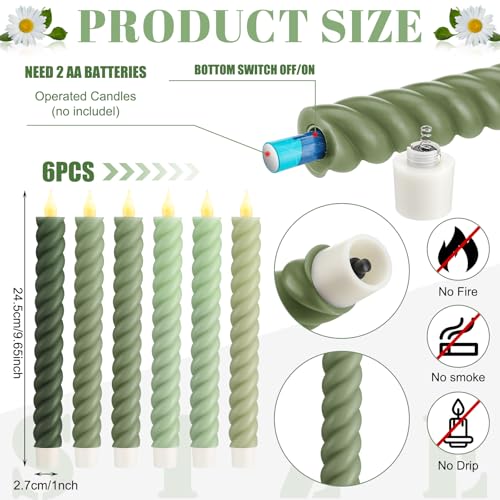 Image of Baquler 6 Pcs Sage Green Flameless Taper Candle Twisted LED 9.65 Inch Taper Candles Battery Operated Twisted Candlesticks for Summer Wedding Birthday Home Party Holiday Dinner Fireplace Decor