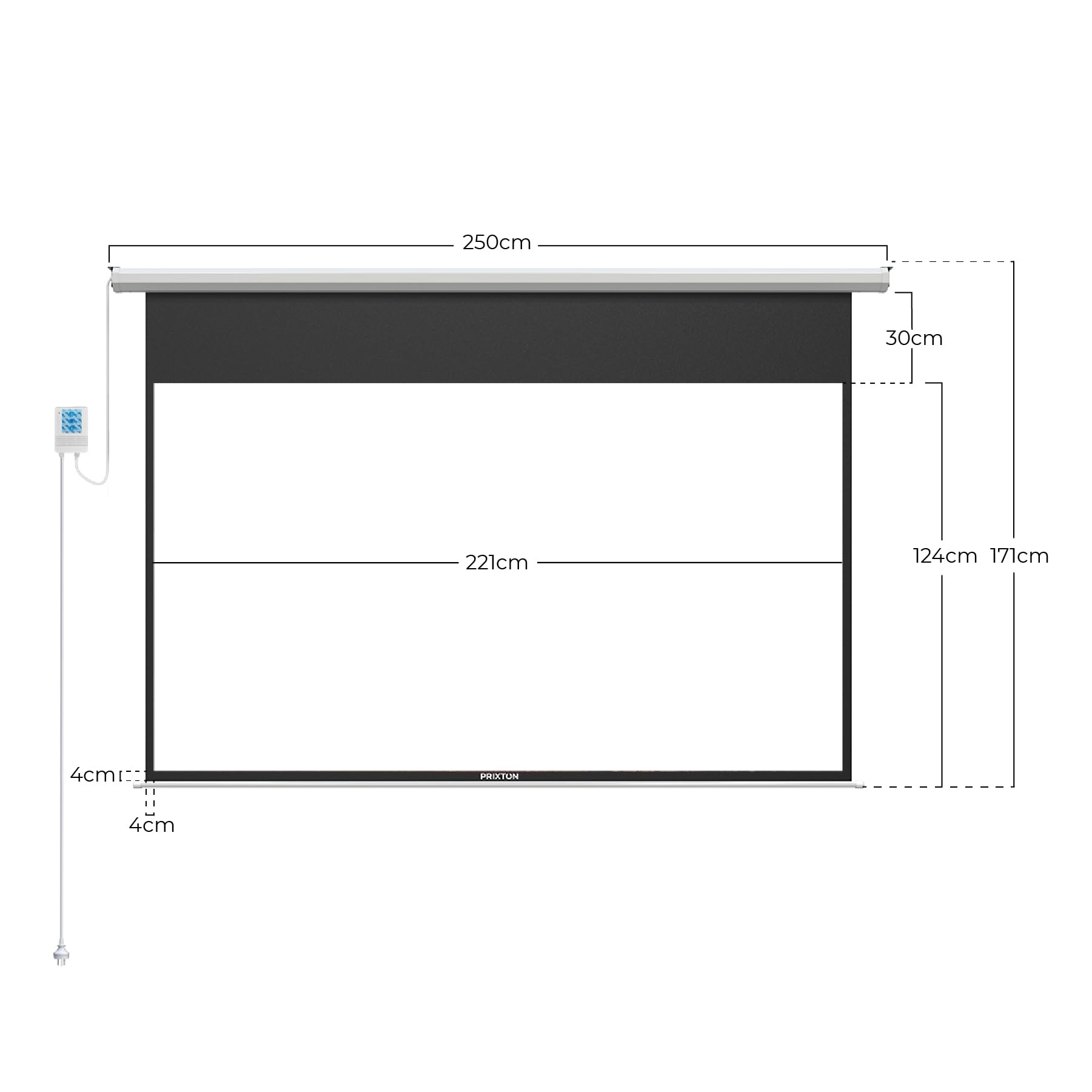 PRIXTON Pantalla de Proyección Cinema MAX con Motor eléctrico, Control Remoto y Manual, Pantalla de 100 Pulgadas, 4 Capas, Material PVC Antiarrugas Lavable