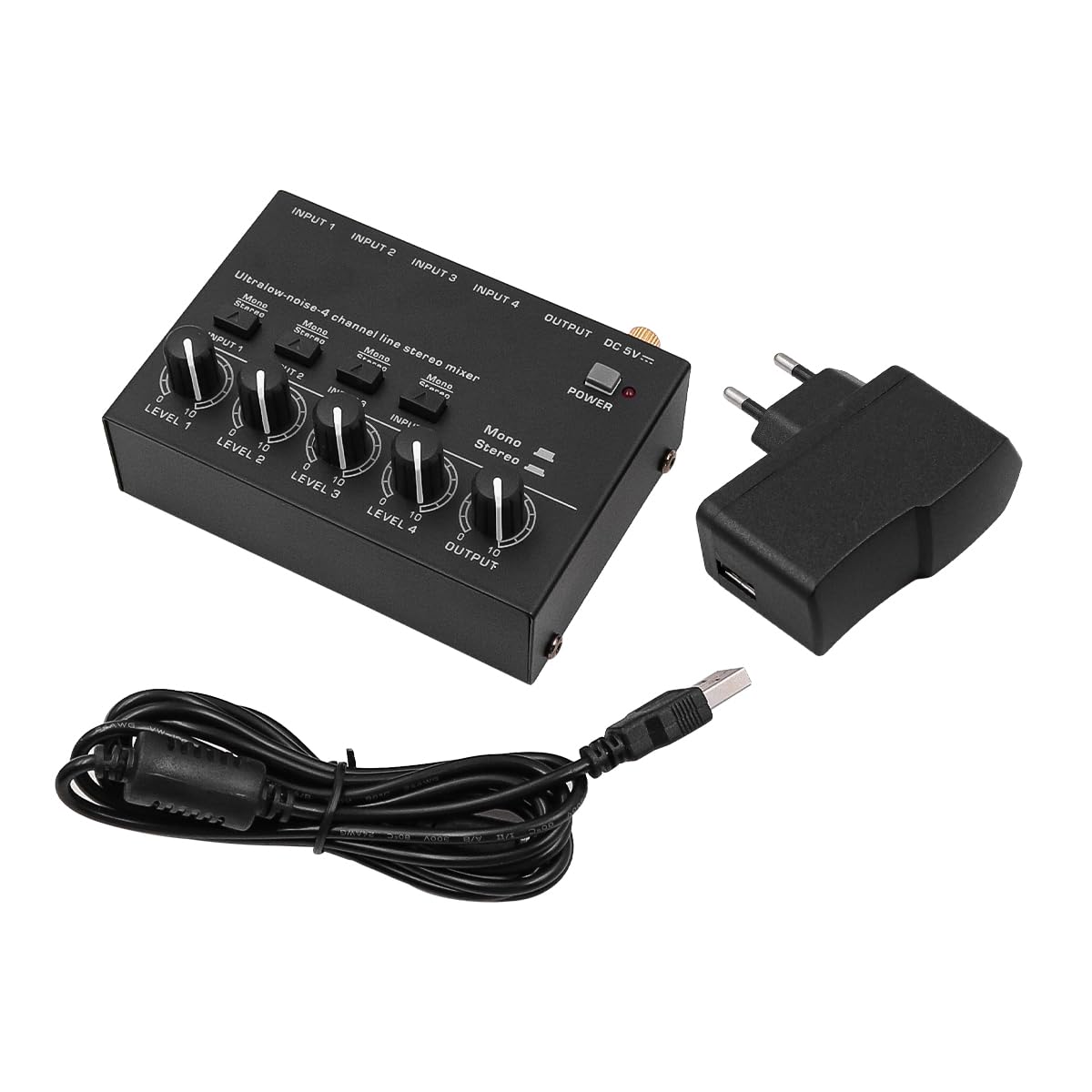WANGCL Mezclador de audio de 4 canales con ajuste de volumen separado y rendimiento de ruido ultrabajo para micrófonos, guitarras, bajos, teclados y mezcladores de escenario