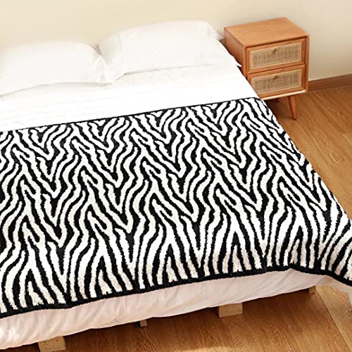 Soft Fluffy Textured Decorative Throw Super Soft Lightweight & Warm Knitted Zebra Pattern Blanket For Bed Sofa Couch Travel, Black And White #TOP2