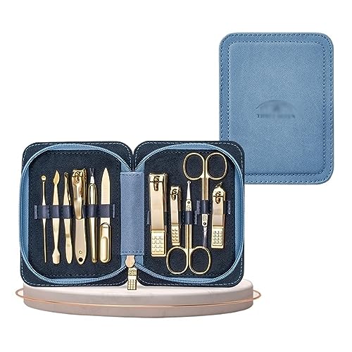Kit de cortauñas Set de manicura y pedicura de 11 piezas y kit de aseo for hombres y mujeres, herramientas doradas de acero al carbono, estuche de viaje portátil y cortaúñas profesionales Kit de manic