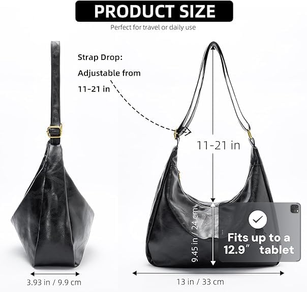 Hobo Bags for Women Foldable Vegan Leather Shoulder Handbag Slouchy Tote Crossbody Purses