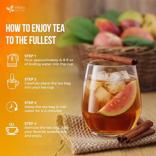 Image of FreshDrinkUS, Premium Guava Vitality Tea | 75 Tea Bags | Guava Leaves, Cinnamon Stick & Ginger Herbal Tea - Caffeine Free Botanical Infusion - Warm & Aromatic Daily Tea - 100% Natural Ingredients