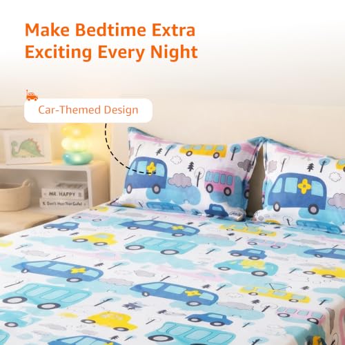 Image of Amazon Basics - 100% Cotton Kids Bedsheet | 144TC |Fitted Queen Bed Sheet with 2 Pillow Cover|Soft Cotton | Cartoon Print | 78 Inch x 60 Inch - 8 Inch Drop, Car Themed Queen Bedsheet