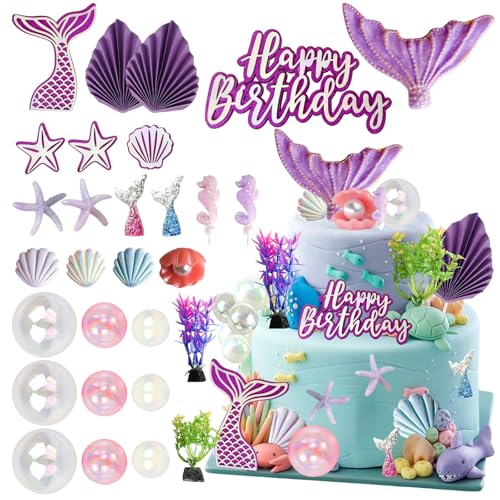 Mermaid Cake Toppers, Tyotrbs Mermaid Cake Decorations Under the Sea Party Decor Seashell Fish Cake Accessories for Summer and Ocean Birthday Party Decorations (Colorful)