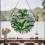 bwkoiujes Stained Glass Window Hanging 12' Roud Tiffany Plant Style Fruit Pineapple Suncatcher Wall Decor Art Panel Includes 20' Chain and Hooks The Perfect Housewarming Gift