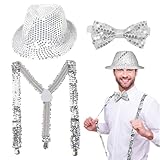 EUPSIIU 3 Piezas Jazz Dance Hat Performance Jazz Tirantes y Pajaritas Lentejuelas Sombrero, Sombrero de Lentejuelas Accesorio Discoteca para Disfraz Fiestas Hip-Hop Actuaciones Baile (Plateado)
