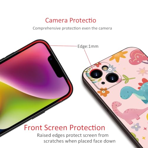 for iPhone 15 Case Dinosaur Cartoon Cute Pink Phone Case - 3 Colorful Dinosaurs with Flowers & Rainbow Design, Playful & Stylish Protective Cover for Girls & Women (B1-Cartoon Cute Dinosaurs)