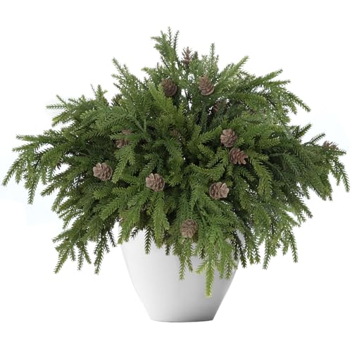 6 Pcs Christmas Artificial Pine Branches,17.3'' Plastic Pine Stems with pine cones for Christmas Decorations Home Indoor Outdoor, Realistic Greenery Cedar Branch for Vases Wreaths Garland Table Decor