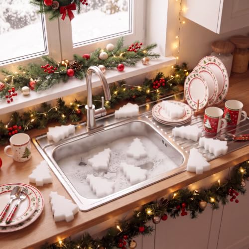 Image of Tioncy 12 Pack Christmas Tree Kitchen Sponges Bulk White Christmas Tree Dual Sided Scrubber Sponges Dishwashing Kitchen Cleaning Accessories for Home Decor Household Supplies