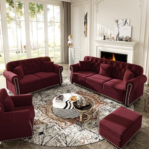 Image of KEIKI 3-Piece Chesterfield Sofa Set with 1 Velvet 3-Seater Sofa & 1 Loveseat & 1 Single Sofa, 6-Seater Couch Set with Nailhead Trim & Rolled Arms & 1 Ottoman & 6 Pillow, for Living Room, Burgundy