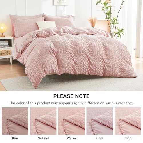 Image of HYMOKEGE Rose Gold King Size Comforter Set Seersucker 7 Pieces, All Season Luxury Bed in a Bag for Bedroom, Bedding Set with Comforters, Sheets, Pillowcases & Shams