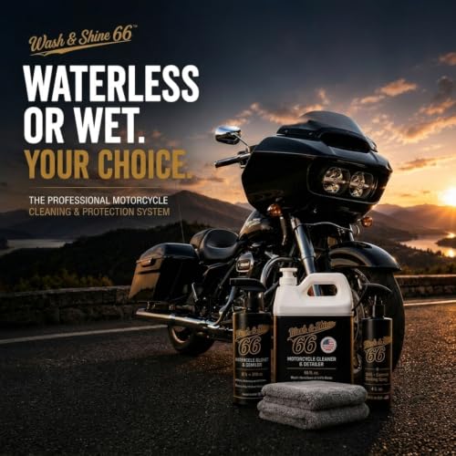 Image of Shinykings Wash&Shine 66 Pro System Motorcycle Cleaning Kit - Waterless or Wet Motorcycle Wash,16 oz Cleaner + 64 oz Refill Jug, NanoGloss Shield SiO₂ Ceramic Spray, 2 Premium Microfiber Towels.