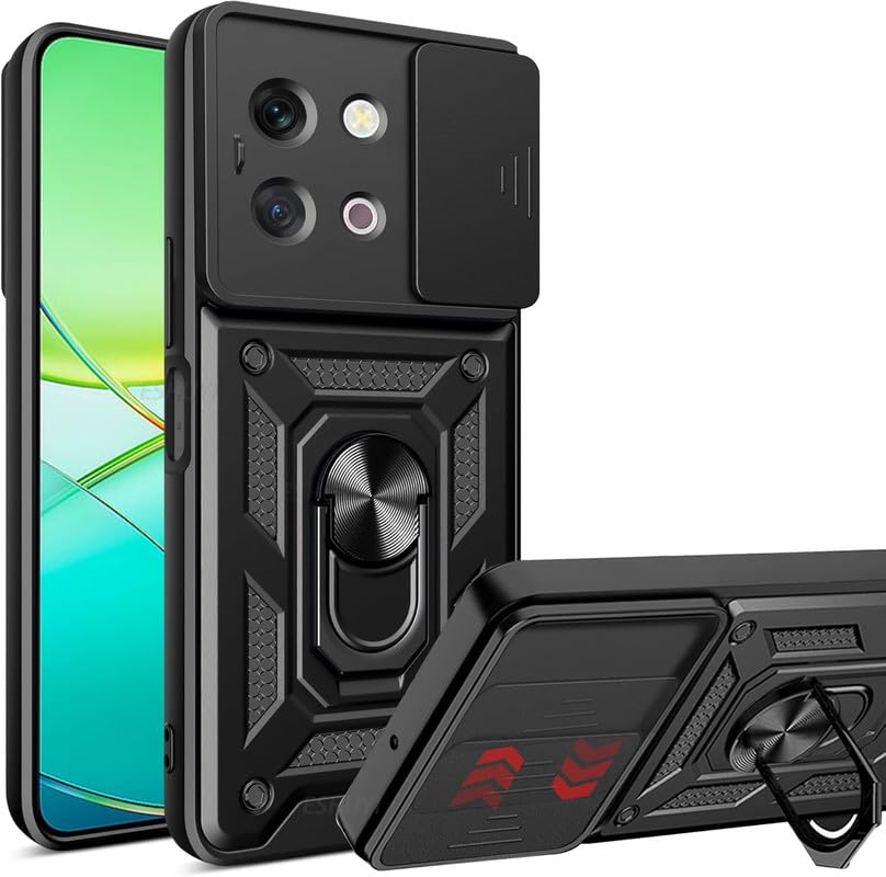 Image of SkyTree Vivo Y58 5G /Y38 Robotic Sliding Camera Window Shock Proof Thunder Case, Dual Layer Hybrid Shockproof Back Cover with Kickstand - Black
