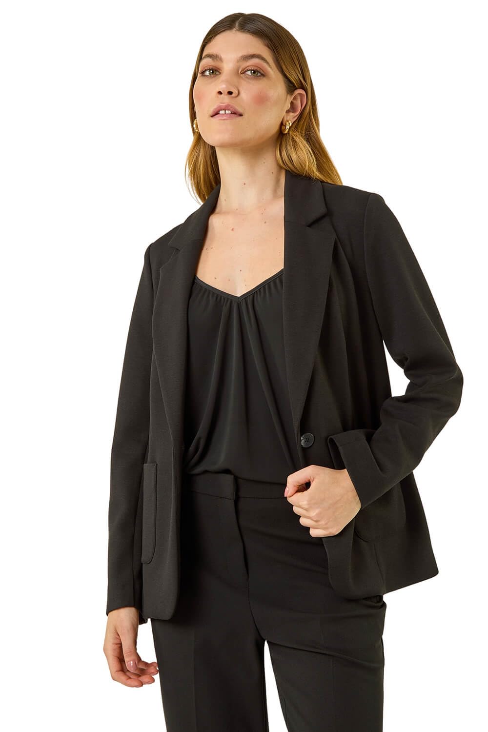 Roman Originals Single Breasted Smart Blazer for Women UK - Ladies Everyday Autumn Winter Collar & Revere Comfy Soft Evening Vacation Work Party Night Out - Black - Size 12
