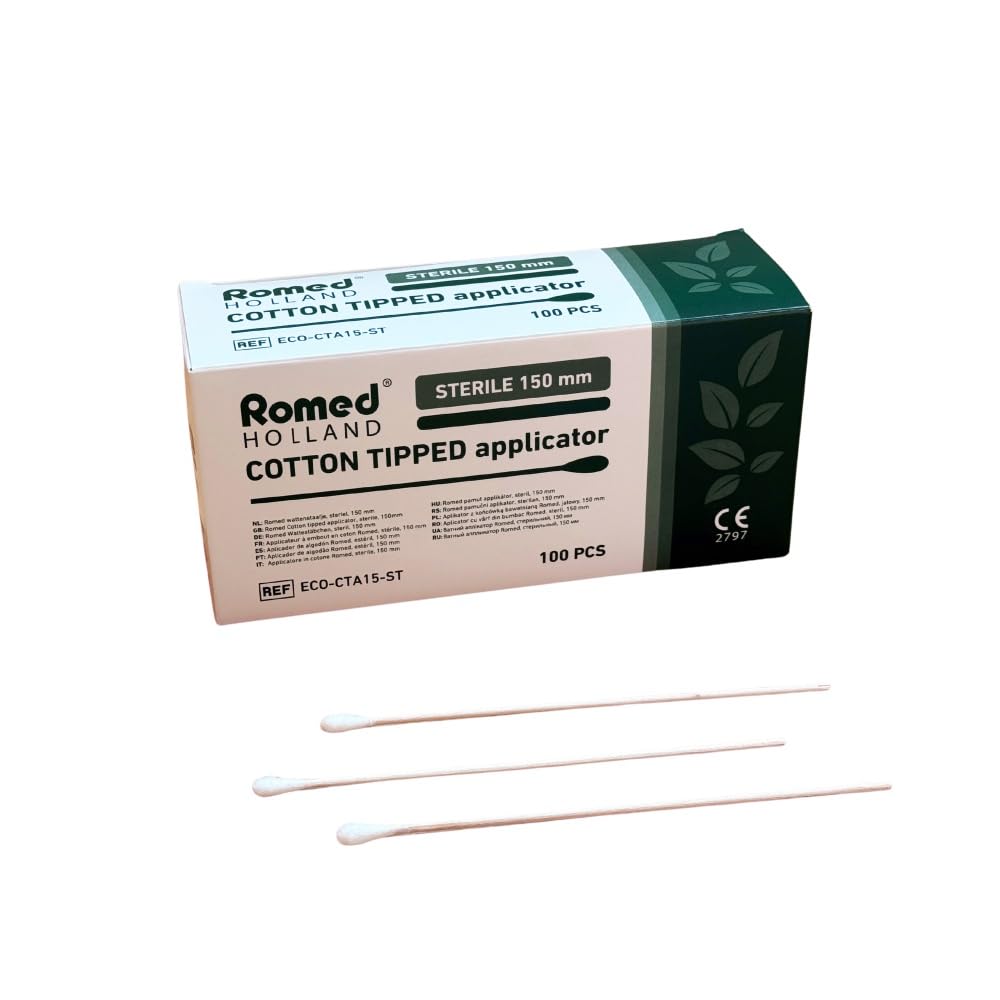 Romed Wattestäbchen 150 mm steril, einseitig, 100 Stück – Pflegestäbchen für medizinische Anwendungen, Holzstab, einzeln verpackt, ECO-CTA15-ST