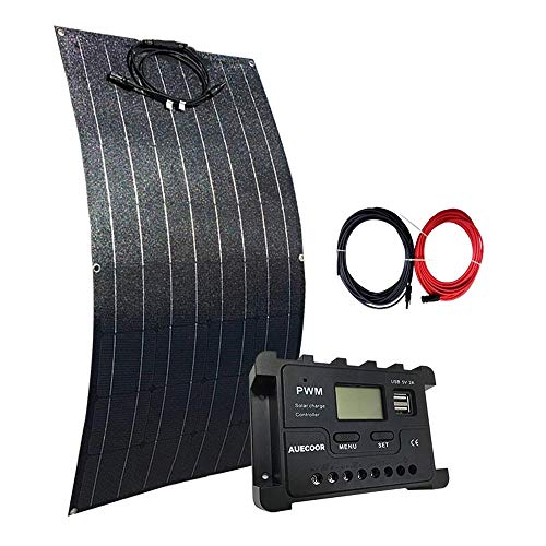 AUECOOR Kit chargeur panneau solaire flexible monocristallin 100 W + contrôleur solaire LCD 20 A pour camping-car, bateau, caravane Cover