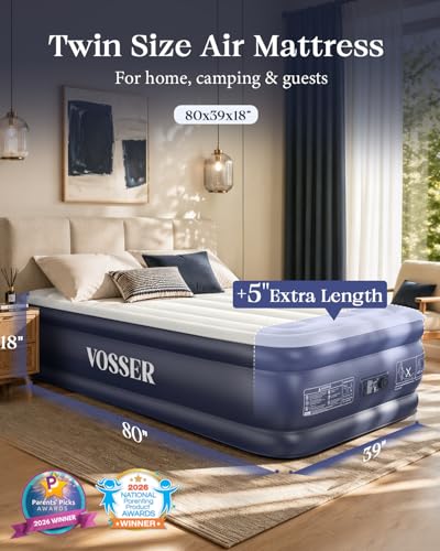 Image of VOSSER Twin XL Air Mattress with Built in Pump Raised,80 inch Long,Upgraded 18''Inflatable Mattress,Self Inflatable Blow Up Mattress in 2 Mins,Twin Size Air Mattress with Carry Bag for Home,Camping