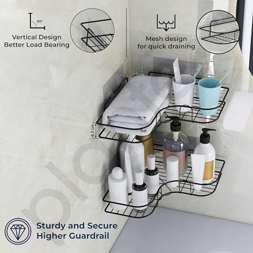 Image of Plantex Corner Shelf for Bathroom /GI Steel Shelf with Minor Surface Marks from Transit, Fully Quality Checked /Self Adhesive Bathroom Organizer - Pack of 2 (Black)