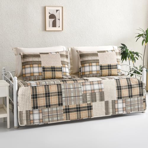 Image of Jarson 3 Pcs Plaid Daybed Cover Set Twin Size Brown Beige Sofa Cover Double Side Bed Set Classic Patchwork Bedding Sets Daybed Quilt Set with Pillow Shams