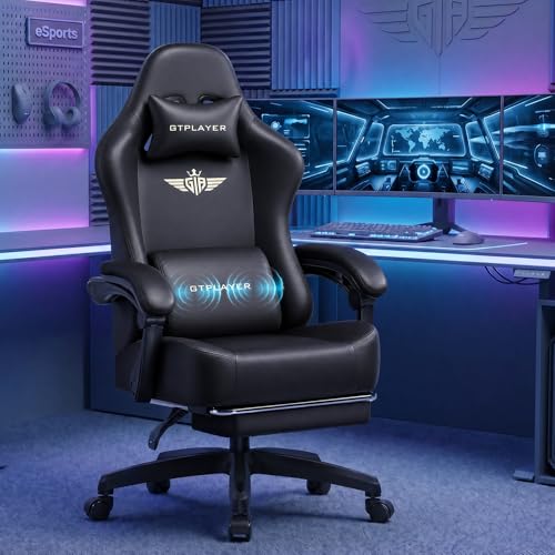 Image of GTPLAYER Big and Tall Gaming Chair 400lbs Heavy Duty Office Chair with Footrest, High Back Pocket Spring Ergonomic Computer Chair for Adults, Wide Cushion with Linkage Armrests,Leather Black-Massage
