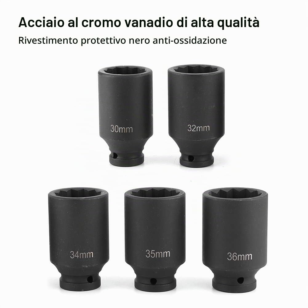 Bussola a percussione profonda per azionamento, 5 pezzi dado per mozzo con asse a 12 punti Strumento per bussola a percussione profonda per cricchetto da 1/2 pollice