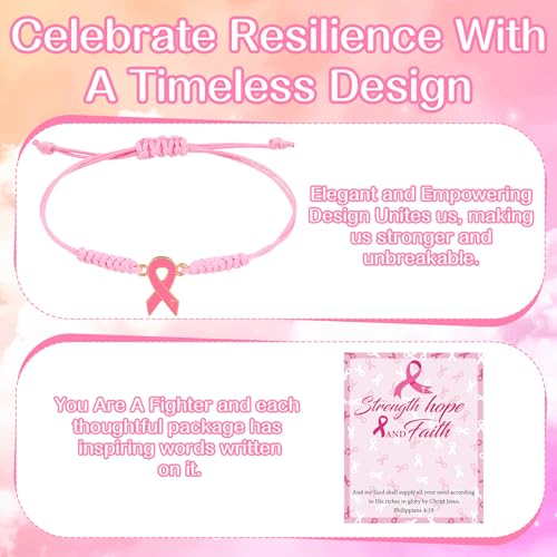 20Sets Breast Cancer Awareness Bracelets with Inspirational Cards Organza Bags Adjustable Pink Ribbon Breast Awareness Bracelets for Women Cancer Fighters Fundraiser Events Survivors Support Gifts3