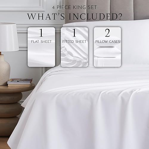 Miniatura 2 de Linen Closet Juego de sábanas de algodón egipcio de 1000 hilos, 4 piezas, tamaño King, blanco ártico