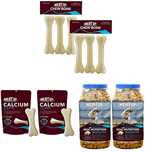 Image of Meat Up Pressed Chew Bones, Dog Treats, 6 inches - Pack of 3 Bones & Calcium Bone Pouch, Dog Treats - 25 Pieces (230 gm) & Chicken Flavour, Real Chicken Biscuit, Dog Treats -500g Jar