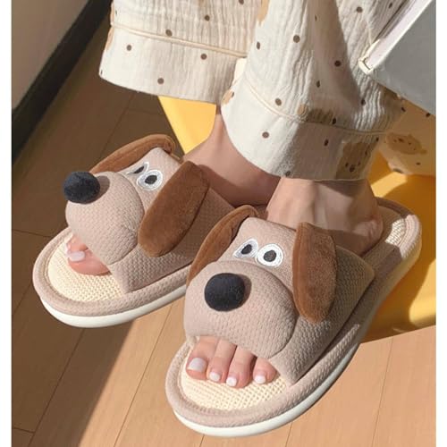 Dog Slippers for Women Man Open Toe Indoor Linen Slippers Four Seasons Cartoon Dog Animal Slides Sandals Comfy Outdoor Non-Slip Home Shoes(40/41 EU, Khaki)4