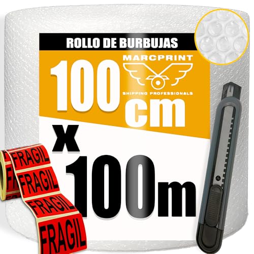 MARCPRINT Rollo Burbuja Embalaje 100 cm x 100 m con Cutter y Pegatinas de Fragil – Papel Burbuja para Mudanzas y Envíos – Plástico de Burbujas Protector Antigolpes – Embalaje Profesional Reutilizable