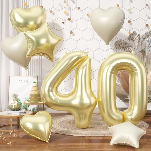Biapian 40 Inch 40 Balloon Number, Giant Light Gold 40 Balloon with Champagne Gold Cream Beige Heart Star Balloons Foil for Women Men 40th Birthday Party Baby Shower Anniversary Party Decorations