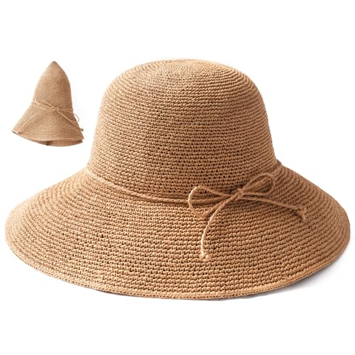 FURTALK Beach Sun Hat for Women Foldable Packable Handmade Straw Hats Sun Protection Floppy Travel Essentials Khaki