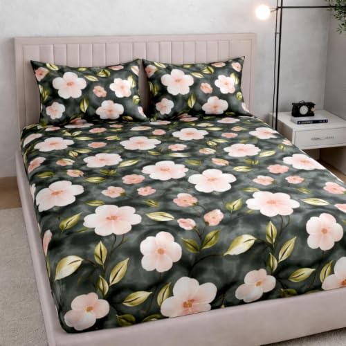 Image of 380 TC Premium Glace Cotton Elastic Fitted Bedsheet King Size with 2 Pillow Covers King Size | Double Bed with All Around Elastic (7DGray, Fitted - 72 inchx78 inch King)