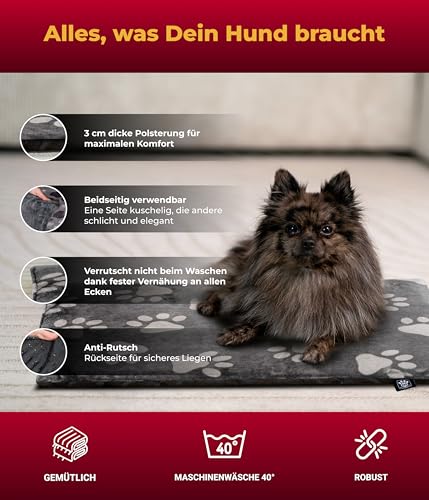 HS-Hundebett® Hundedecke S (55x75 cm) – rutschfest & gemütlich Dank 3 cm Füllung – Perfekt fürs Sofa, Auto & Hundebox – Pfote Anthrazit, Made in DE