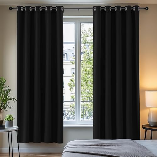 Image of Deconovo Black out Curtains 66 x 72 Inch Window Treatment Thermal Insulated Eyelet Blackout Curtains for Bedroom Energy Saving Drapes Black 2 Panels