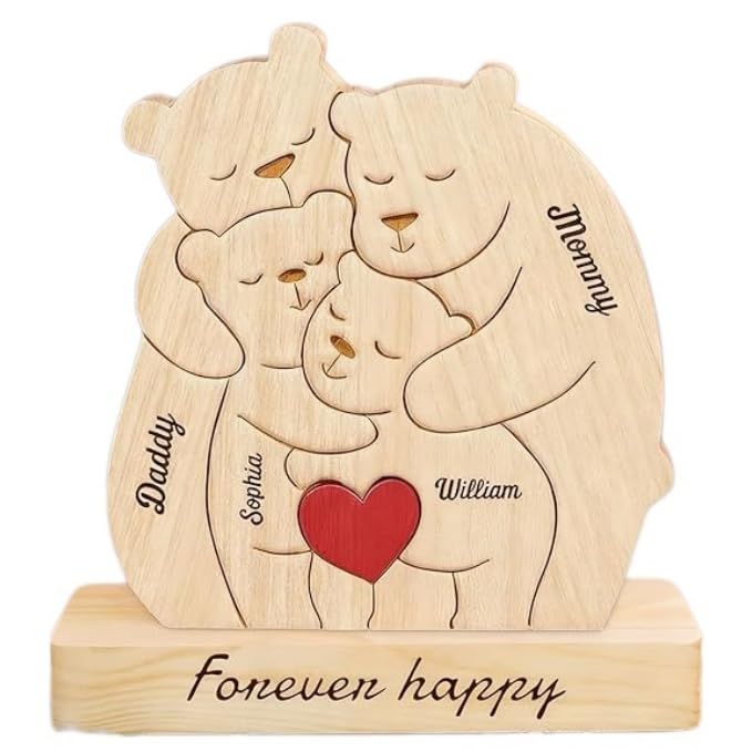 CUSTNEY Personalized Family Wood Bear Puzzle Custom Wooden Bear Set with Names Perfect for Parents & Kids Mothers Day Christmas (CuteBears)