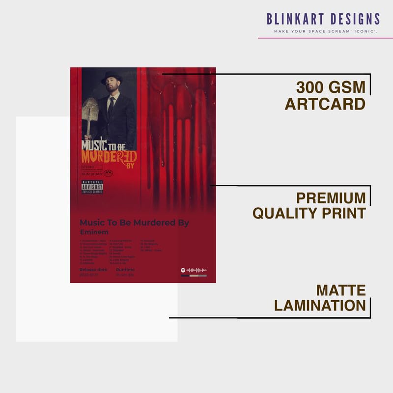 Image of BLINKART Eminem- Music To Be Murdered By Wall Photo Frames | Wall Art for Bedroom, Living Room, Studio or Office | Album Cover Print with Spotify Song Link QR Code | Gift for Fans - 8x12 In