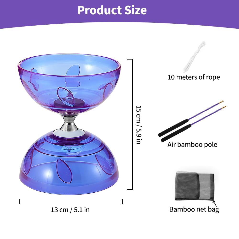 Diabolo Chinois YoYo Set, Diabolo Roulement à Billes, Diabolo Triple Roulement avec Ficelle, Sac en Filet et 2 Bâtons, Diabolos avec Roulement à Billes, Cadeau pour Adultes, Débutants (Violet)