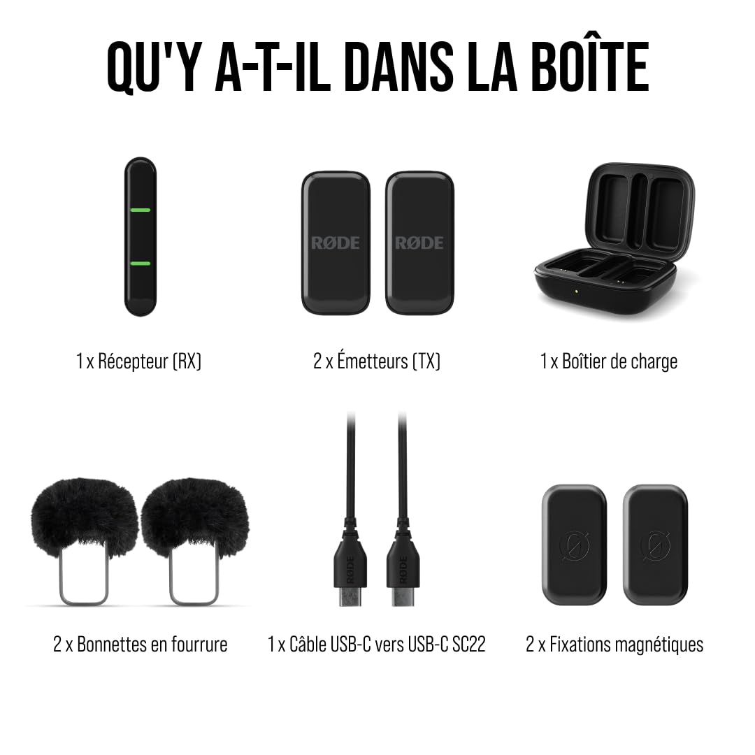 RØDE Wireless Micro, Microphone sans Fil Compact, Deux micros avec boîtier de Charge pour l’Enregistrement vidéo sur Smartphone et la création de Contenu, Lightning (Noir)