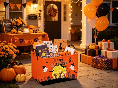 Image of Sanjiaofeng Rectangular Halloween Ghost Storage Basket,Empty Halloween Basket.Trick or Treat Halloweens Baskets,Pumpkin Baskets with Handles.Books Bins,Gifts Box(Hat Spirit)