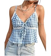 RoseSeek Women's Plaid Lace Crop Camisole Tops Tie Front V Neck Babydoll Gingham Top Spaghetti St...