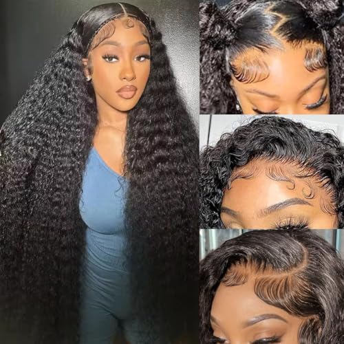Image of CYNOSURE 13x4 Deep Wave Lace Front Wigs Human Hair 180% Density Deep Wave Curly Frontal Wig Pre Plucked HD Transparent Full Lace Frontal Wigs Human Hair with Baby Hair Natural Black Color 30 inch