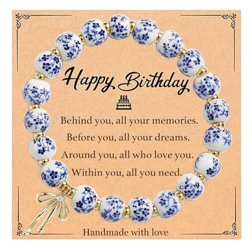 Birthday Gift for Women Unique, Birthday Decorations Gifts Ideas Vintage Blue and White Porcelain Bead Bracelet for Her Daughter Friend Sister Mother Wife Grandma Granddaughter