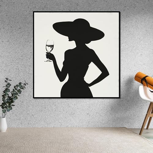 Peinture silhouette femme au chapeau 60x60cm tableau noir et blanc art mural