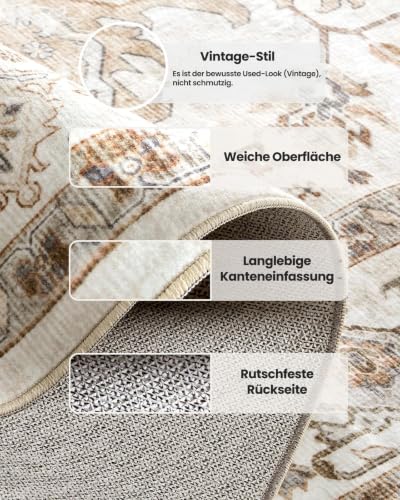 Amada Vintage Beige Teppich Wohnzimmer 90x150cm Waschbar – Ansicht 5