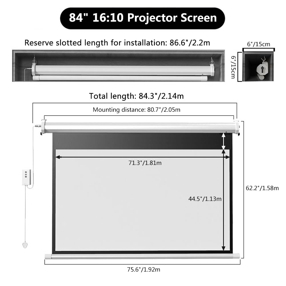 60 72 84 pollici schermo proiettore motorizzato con telecomando, bianco opaco 4K, montaggio a parete/soffitto per Home Theater, ufficio, aula (84 "(16:10))